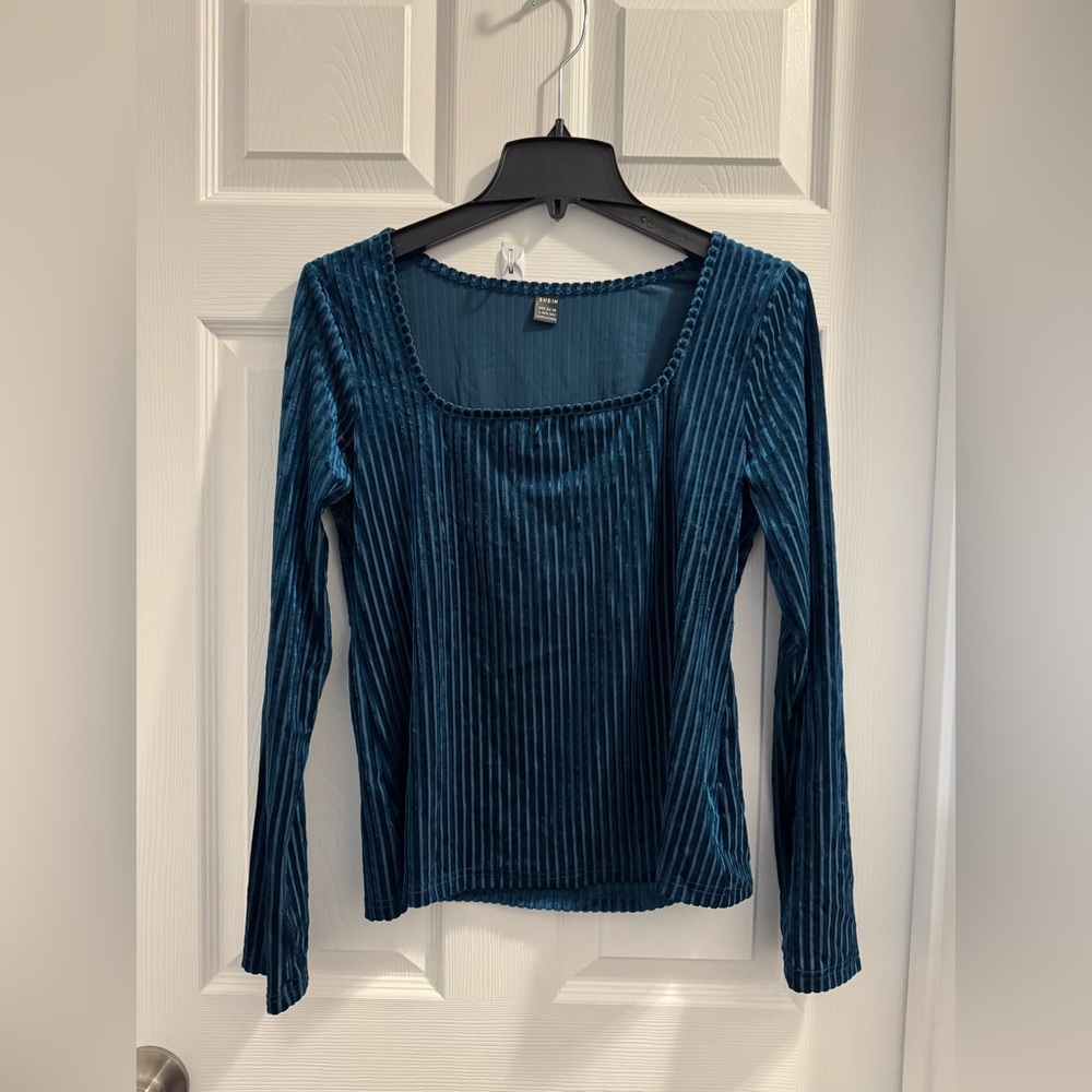 SHEIN Deep Teal Velvet Long Sleeve Top